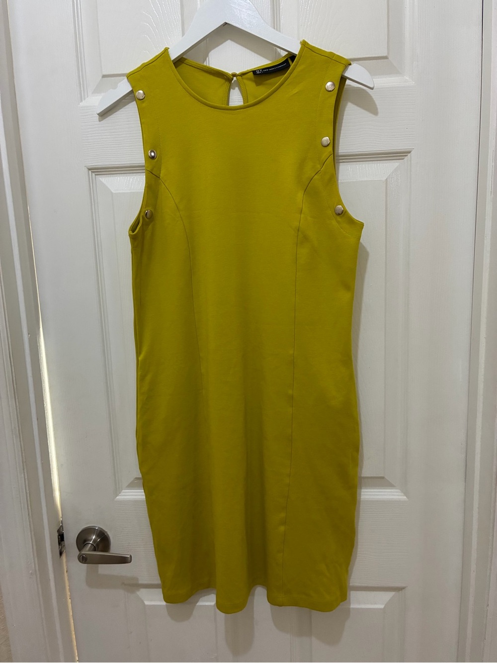 New York & Company Olive-Yellow Sleeveless Shift Dress with Pearl Buttons
